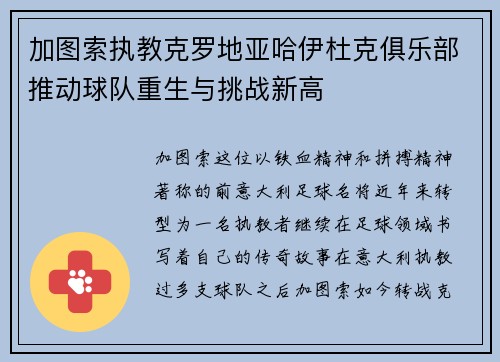 加图索执教克罗地亚哈伊杜克俱乐部推动球队重生与挑战新高